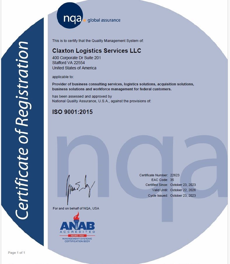 Claxton Logistics Certificate of Registration for ISO 9001