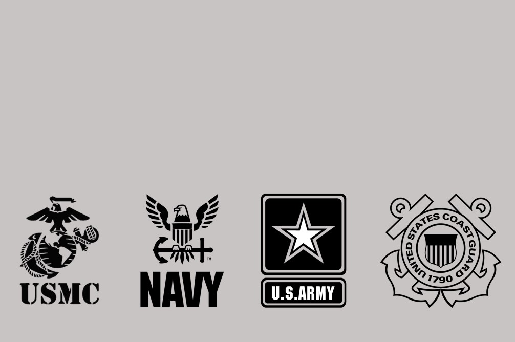 US Marine Corps, US Navy, US Army, and US Coast Guard logos on grey background
